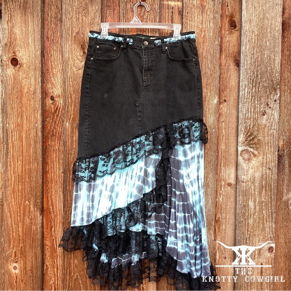 Up Cycled Blk Denim Lace Fabric Skirt - Picture 1 of 1